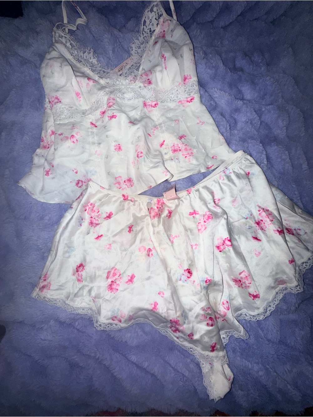 Victoria's Secret White Satin Cami & Shorts Set with Pink Floral NWT